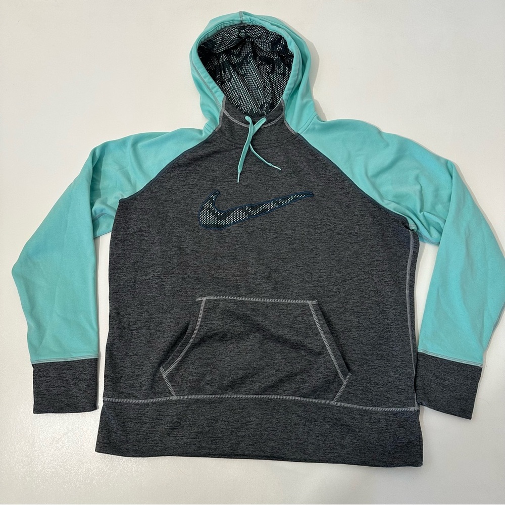 Nike Therma Fit Activewear Pullover Logo Hoodie Grey Aqua Womens Size XL